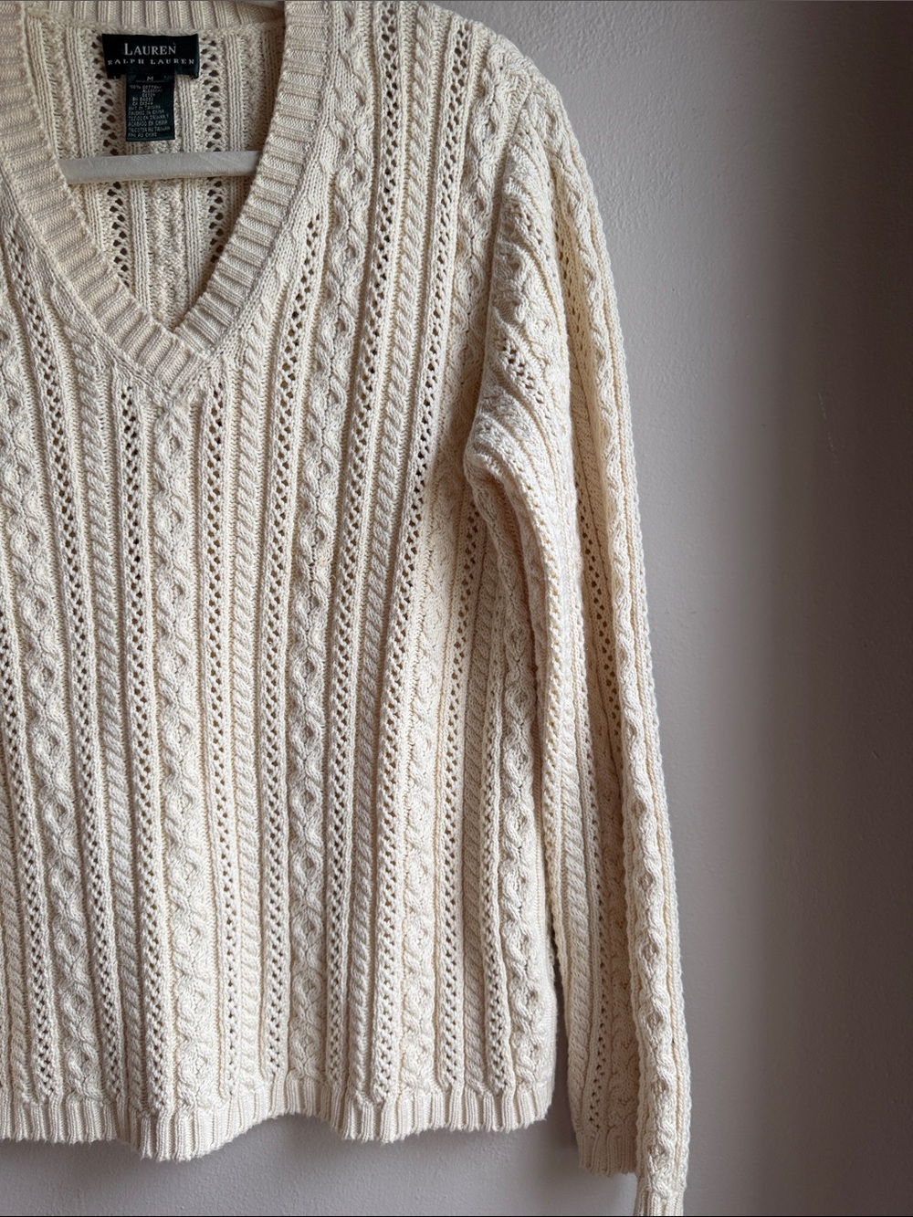 Lauren Ralph Lauren Ivory Cable-Knit V-Neck Sweater 100% Cotton - Picture 5 of 7